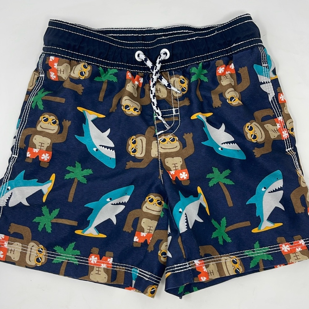 GYMBOREE: Swim Shorts Trunks Monkey/Shark  Boys Swimsuit. Side 3T. Drawstring